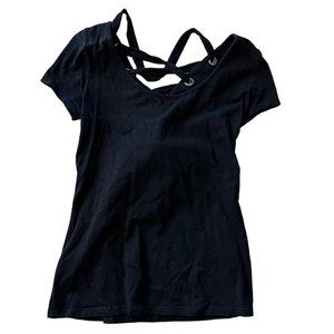 Black scoop front bodycon top with grommets and lacing in the back. EUC